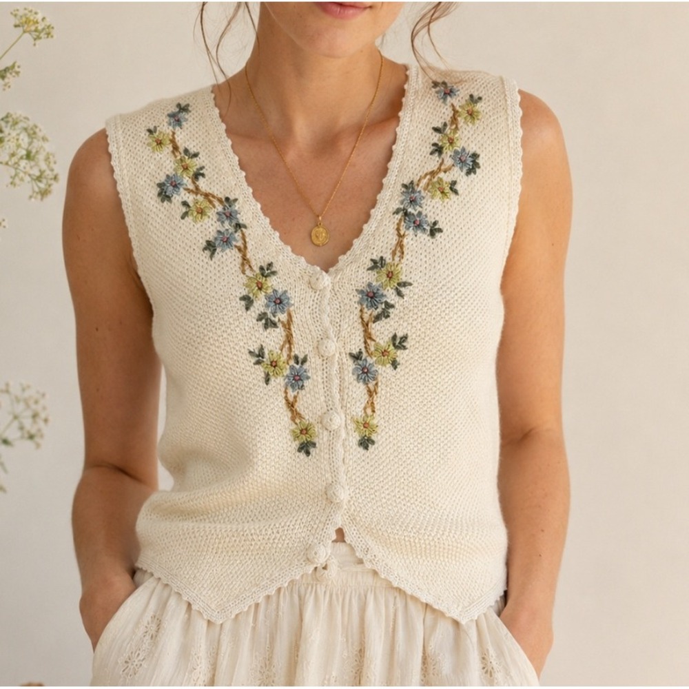 C.C. Hughes Women Vintage‎ 90s Floral Knit Vest S Pointelle Ivory Cottagecore